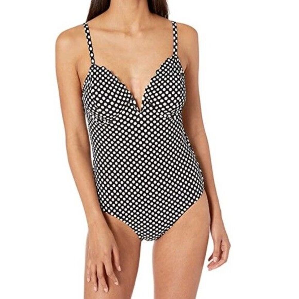 JESSICA SIMPSON V Wire Scalloped Edge Swimsuit sz S Black Polka Dot